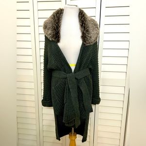 XOXO FAUX FUR COLLAR CABLE CARDIGAN WOMAN SWEATER JACKET BELTED